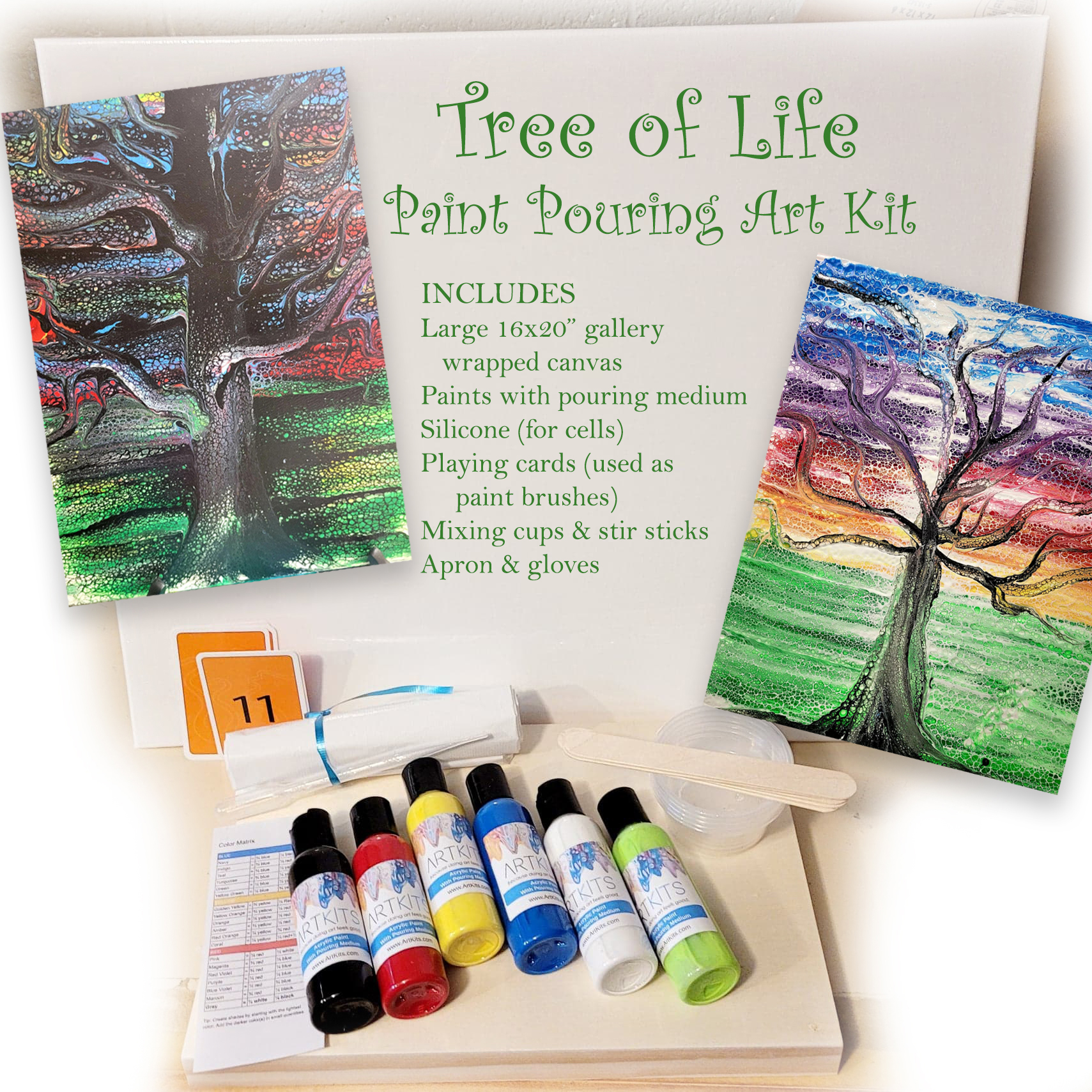 Tree of Life – Acrylic Paint Pouring Kit – 16 x20″ Canvas –